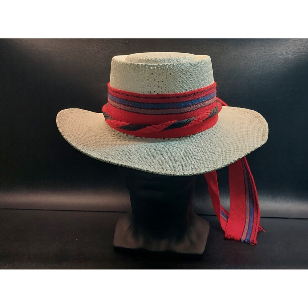 Vintage Elegante XXXXX White Straw Hat Size 6 5/8 Red Blue Ribbon Band